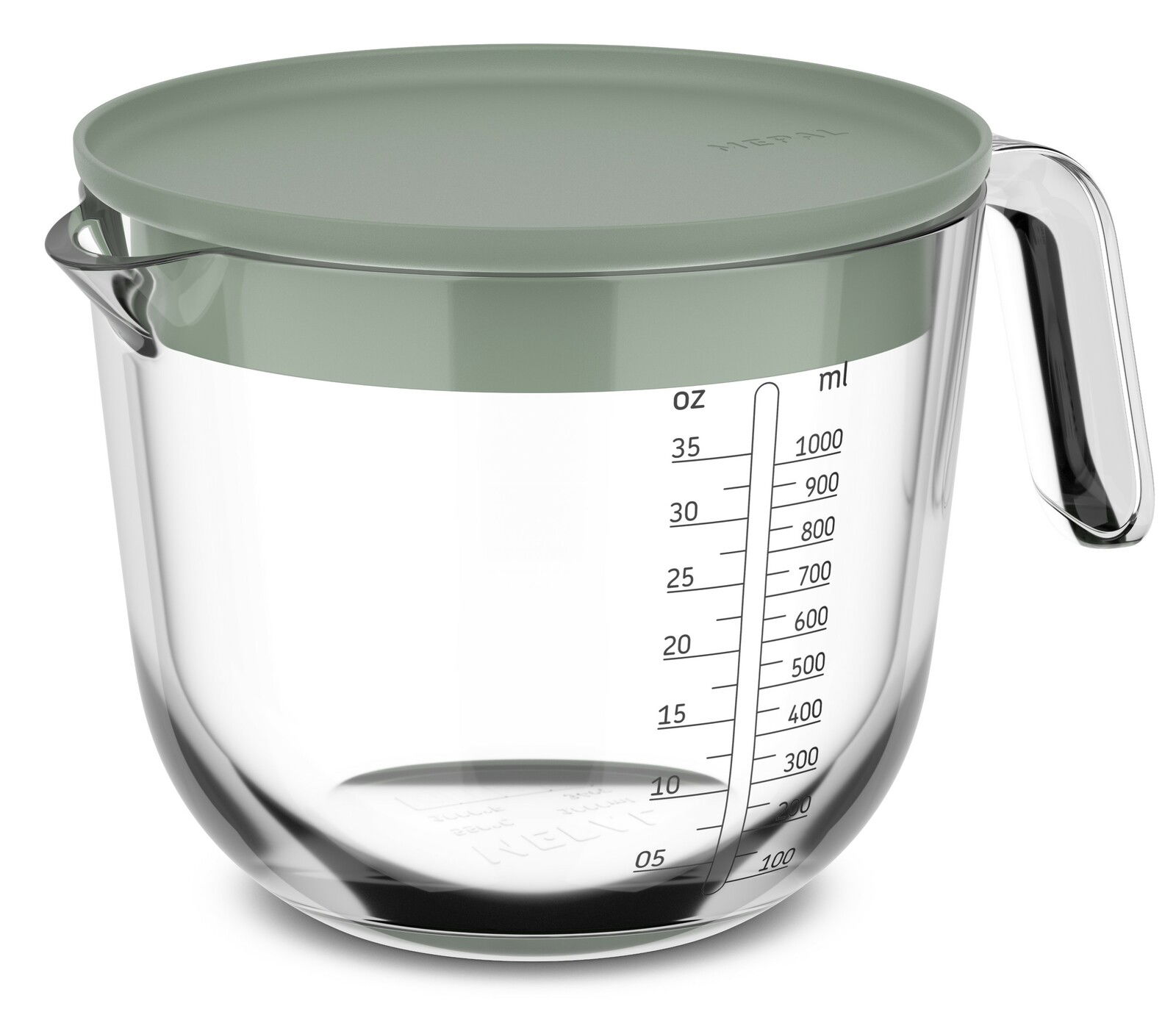 Glas-Messbecher mit 1000 ml Fassungsvermögen, grüner Deckel, seitliche Skala in ml und oz, seitliche Perspektive