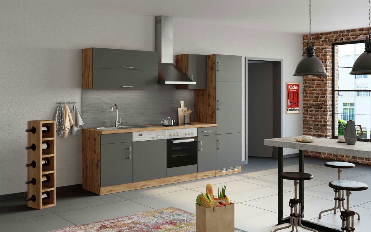 Held Möbel Küchenzeile SORRENTO Moderne Küchenzeile in grauer und holzfarbener Optik mit eingebautem Herd, Spüle und Dunstabzugshaube, seitliche Perspektive