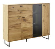 Hochwertiges Highboard aus Holz mit mehreren Schubladen und einer Glastür, seitliche Perspektive