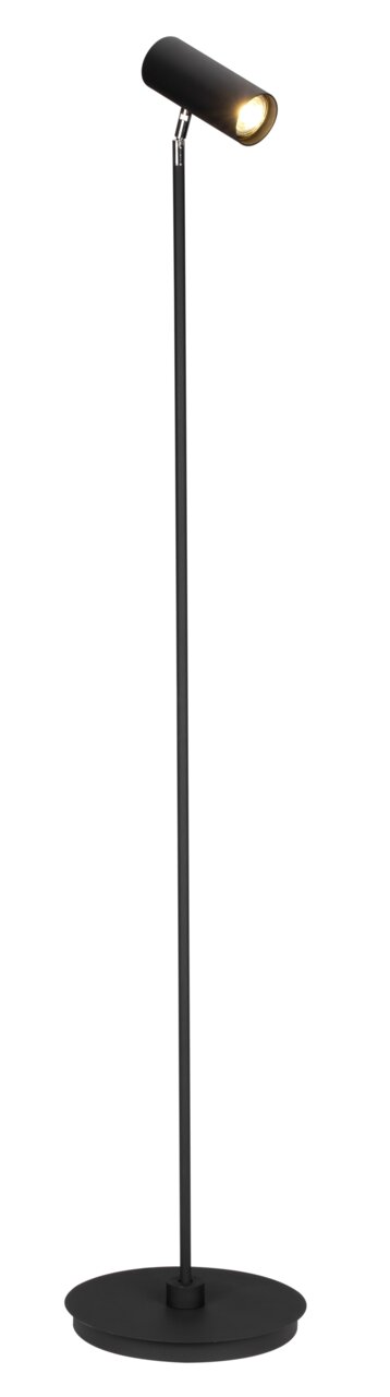Schwarze Stehleuchte mit schlankem, modernem Design, seitliche Perspektive