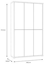 Seitenansicht eines hohen XXL-Schuhschranks mit sechs Türen, Maße: 191,9 cm hoch, 109,2 cm breit, 34,9 cm tief.