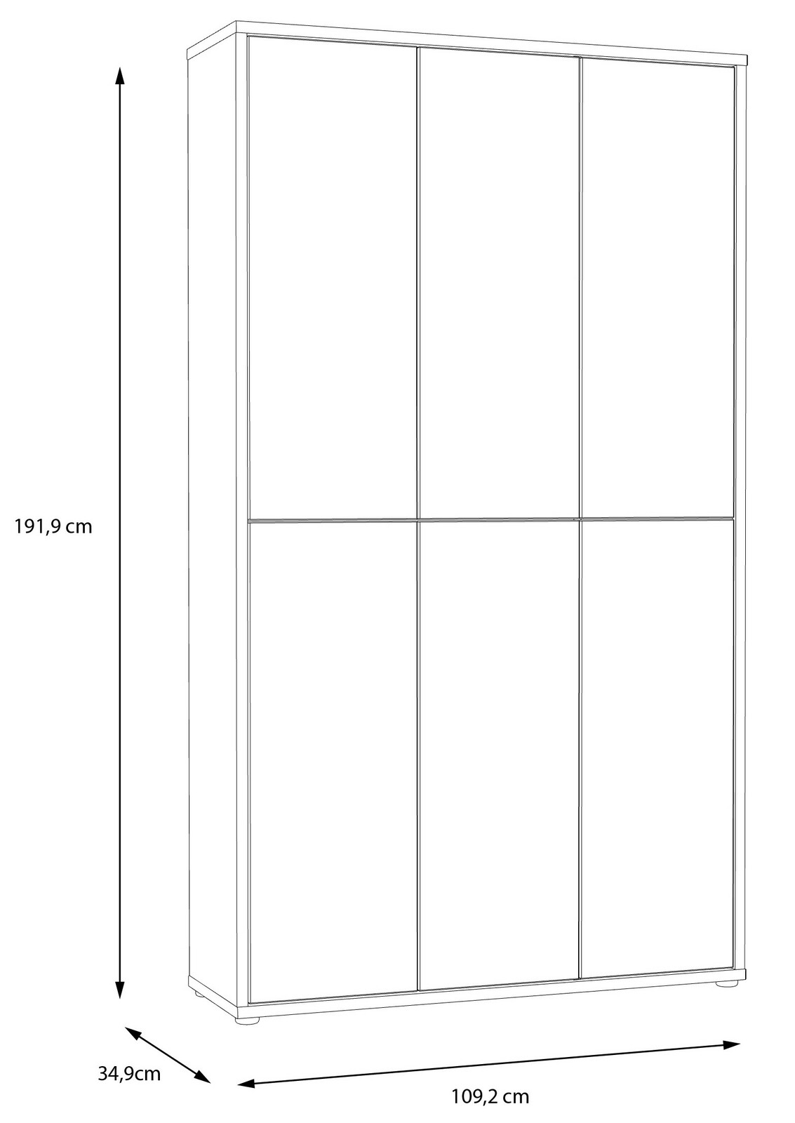 Seitenansicht eines hohen XXL-Schuhschranks mit sechs Türen, Maße: 191,9 cm hoch, 109,2 cm breit, 34,9 cm tief.