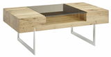 Moderner Couchtisch aus Holz mit Glasplatte und Metallbeinen, seitliche Perspektive