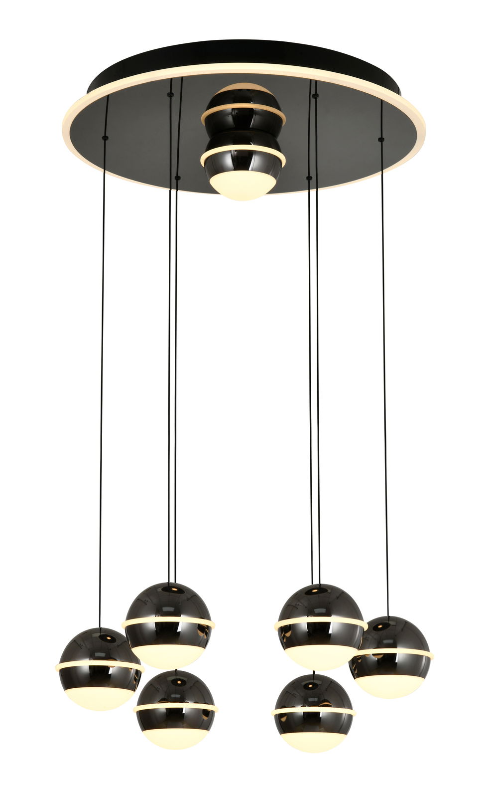 Moderne LED-Pendelleuchte mit sechs kugelförmigen Lampen, hängend von einer runden Deckenplatte, seitliche Perspektive.