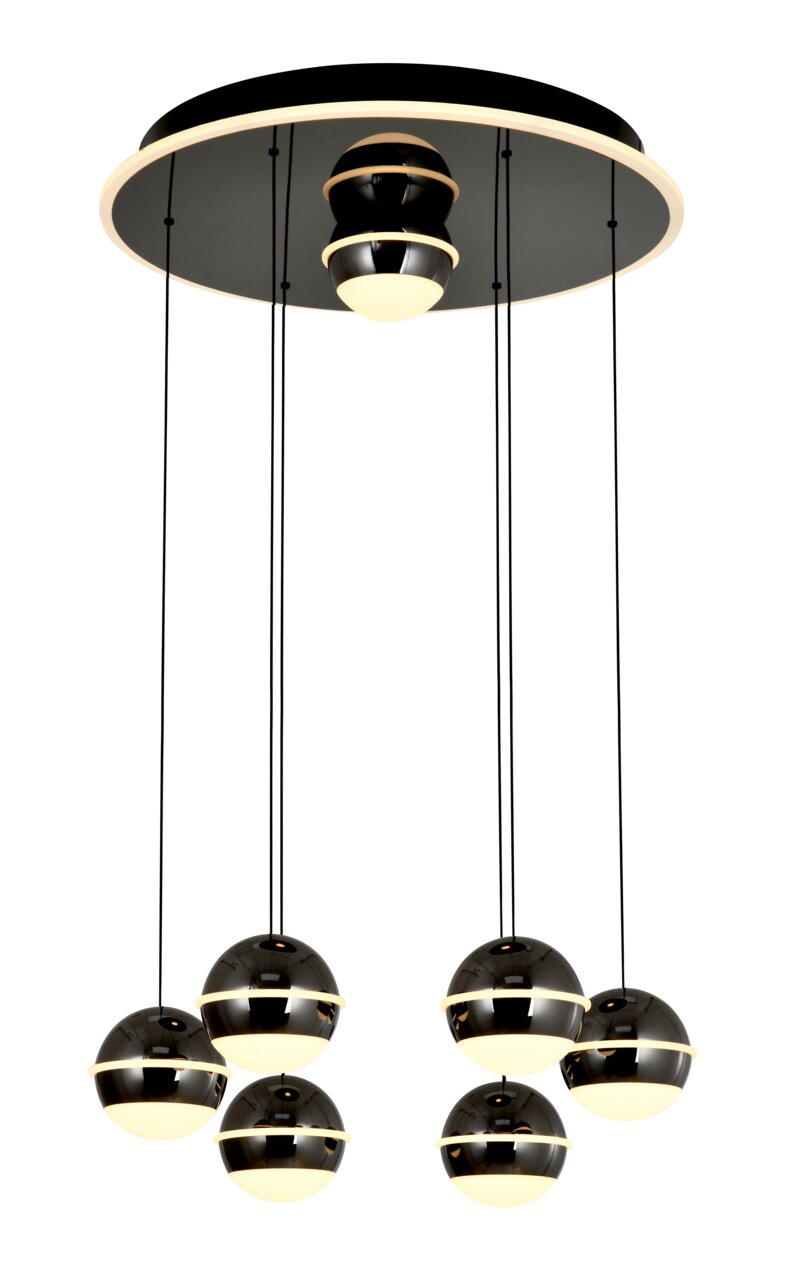 Moderne LED-Pendelleuchte mit sechs kugelförmigen Lampen, hängend von einer runden Deckenplatte, seitliche Perspektive.