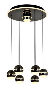 Moderne LED-Pendelleuchte mit sechs kugelförmigen Lampen, hängend von einer runden Deckenplatte, seitliche Perspektive.