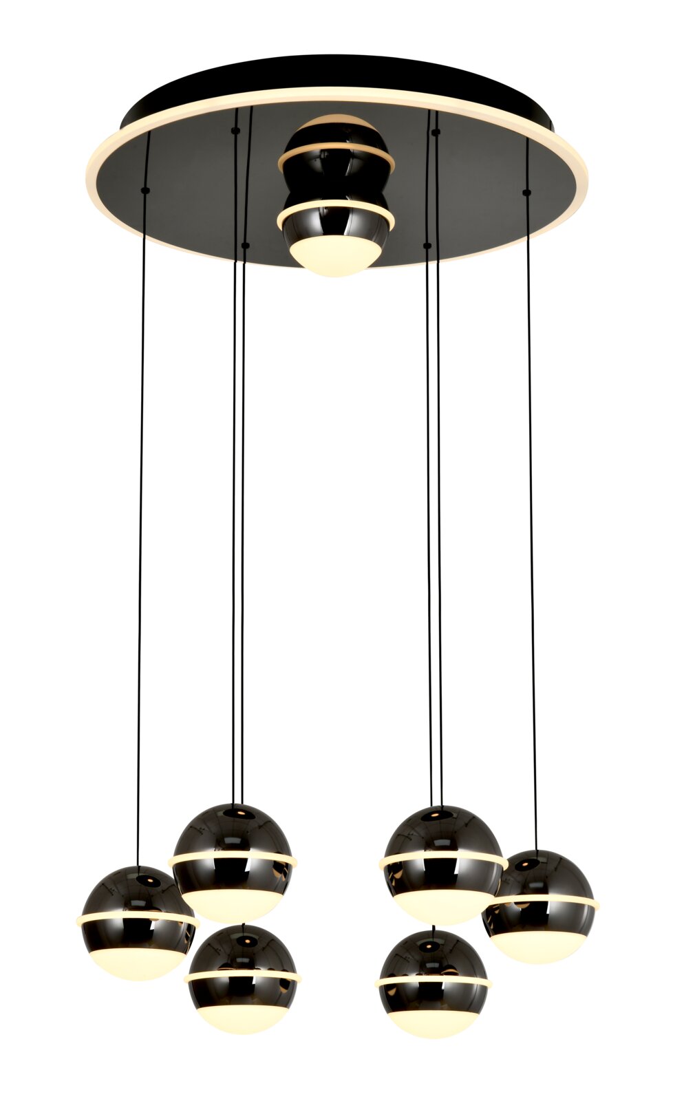 Moderne LED-hanglamp met zes bolvormige lampen, hangend aan een ronde plafondplaat, zijaanzicht.