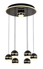 Moderne LED-hanglamp met zes bolvormige lampen, hangend aan een ronde plafondplaat, zijaanzicht.