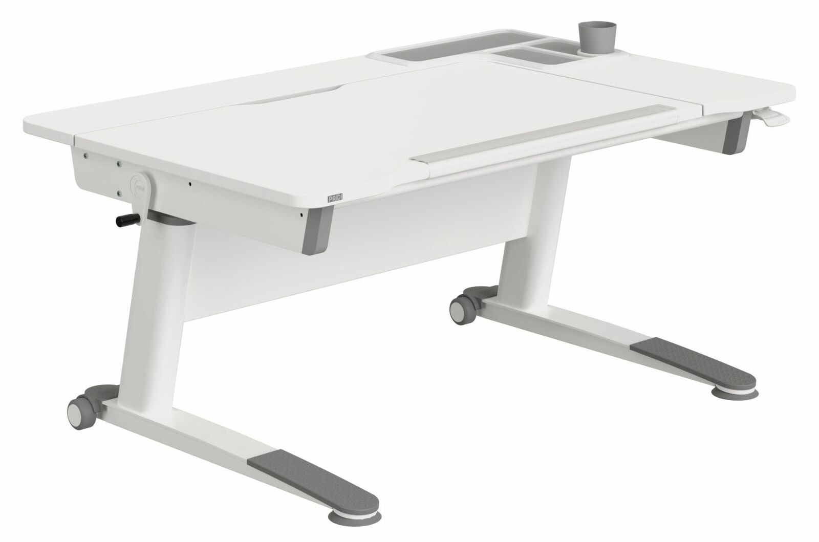 Moderner weißer Schreibtisch mit höhenverstellbaren Beinen und integrierten Ablagefächern, seitliche Perspektive