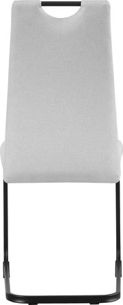 Beiger Polsterstuhl mit Stoffbezug und schwarzem Freischwinger-Metallgestell, Frontansicht