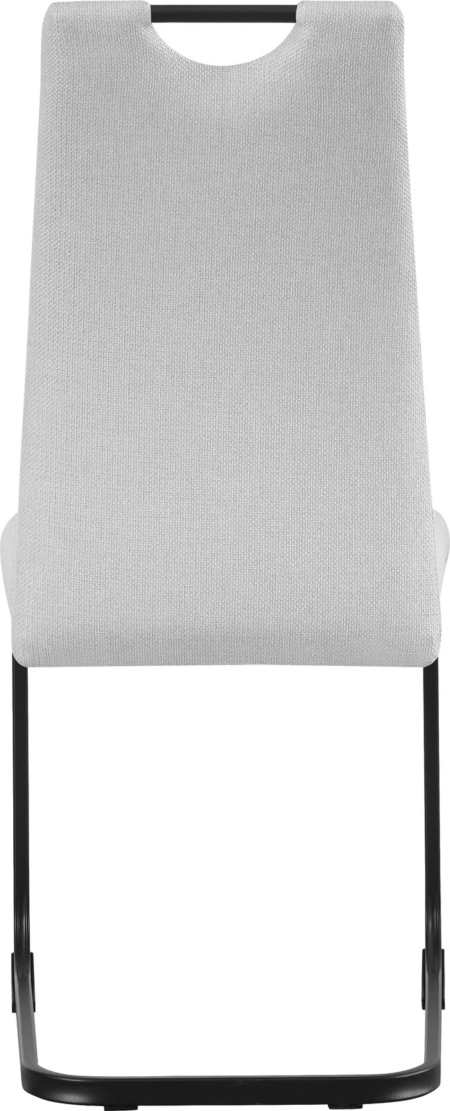 Beiger Polsterstuhl mit Stoffbezug und schwarzem Freischwinger-Metallgestell, Frontansicht