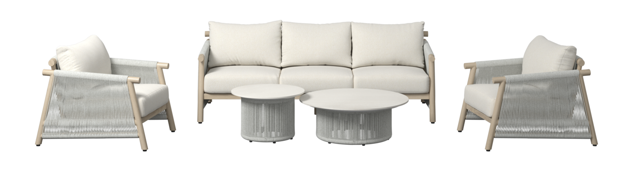 Loungegarnitur-Set bestehend aus einem dreisitzigen Sofa, zwei Sesseln und zwei runden Tischen, frontal betrachtet.
