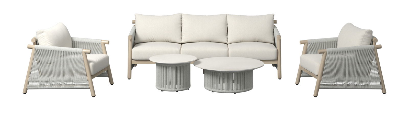 Loungegarnitur-Set bestehend aus einem dreisitzigen Sofa, zwei Sesseln und zwei runden Tischen, frontal betrachtet.