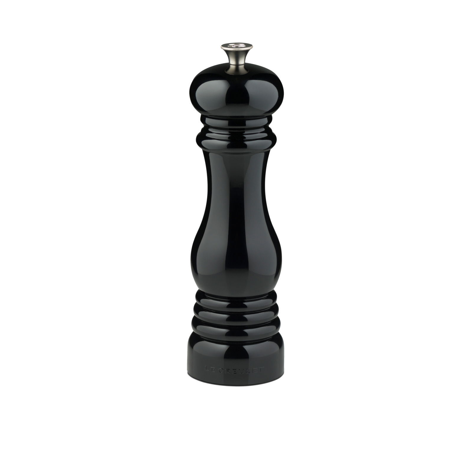 Schwarze glänzende Pfeffermühle in Frontalansicht