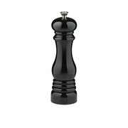 Schwarze glänzende Pfeffermühle in Frontalansicht