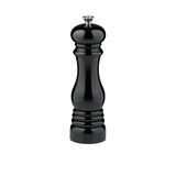Schwarze glänzende Pfeffermühle in Frontalansicht