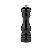 Schwarze glänzende Pfeffermühle in Frontalansicht