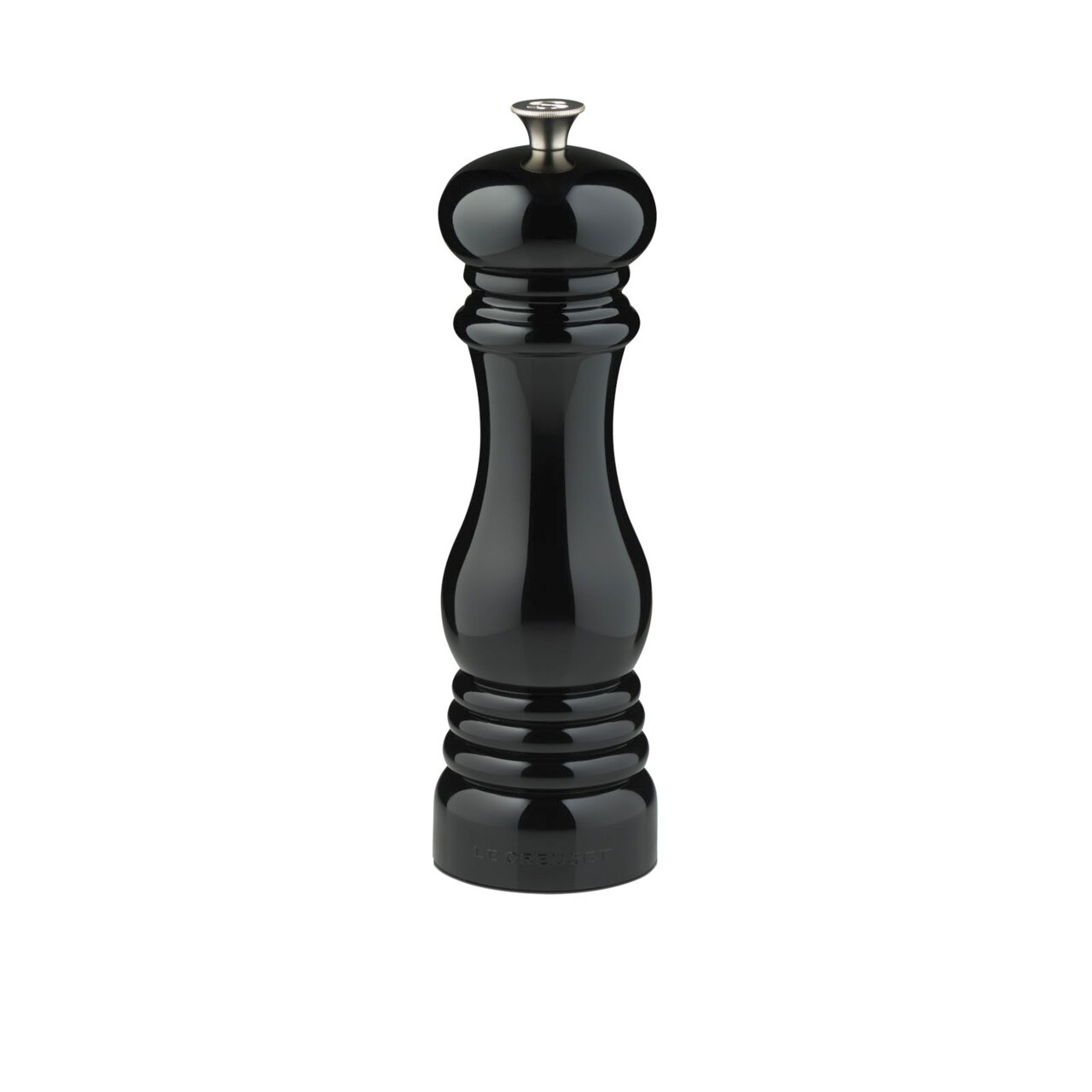 LE CREUSET Salzmühle 21cm Schwarz Glänzend Schwarze glänzende Pfeffermühle in Frontalansicht