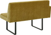Rückansicht einer modernen, senfgelben Bank mit linker Armlehne und schwarzen Metallbeinen.