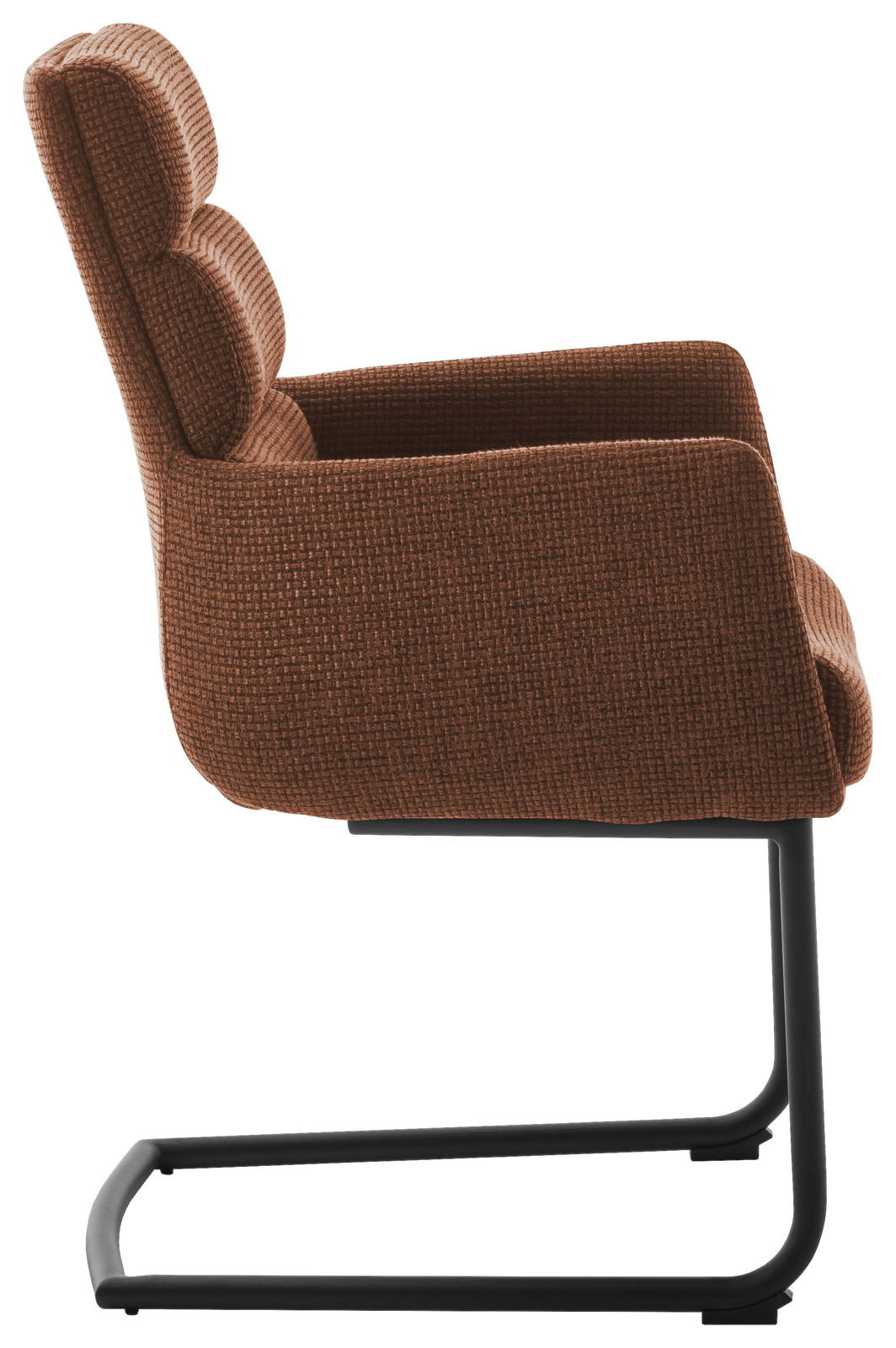 Seitenansicht eines braunen Freischwinger-Sessels mit gepolsterter Rückenlehne und schwarzem Metallgestell.