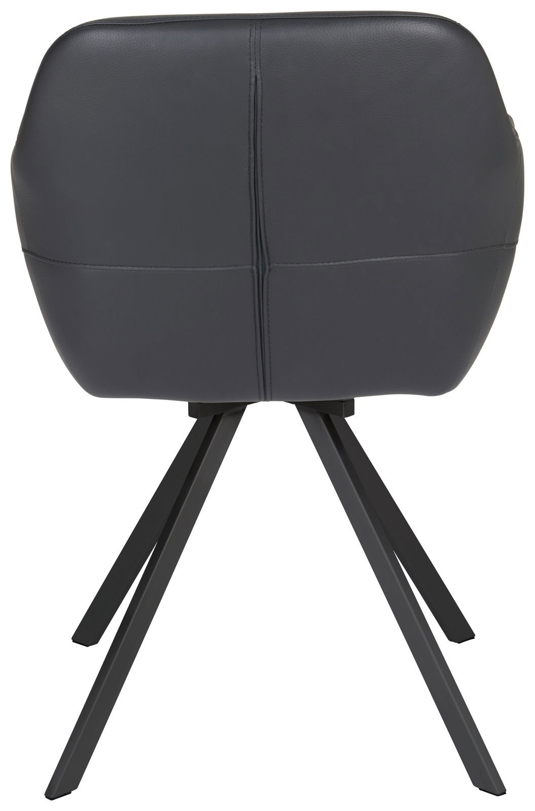 Rückansicht eines modernen Sessels mit schwarzem Lederbezug und Metallbeinen.