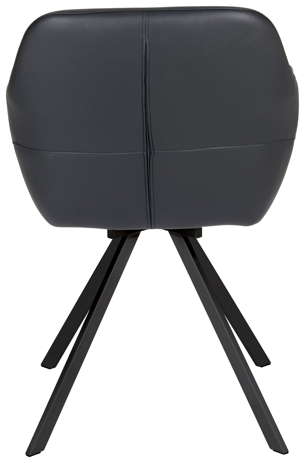 Rückansicht eines modernen Sessels mit schwarzem Lederbezug und Metallbeinen.