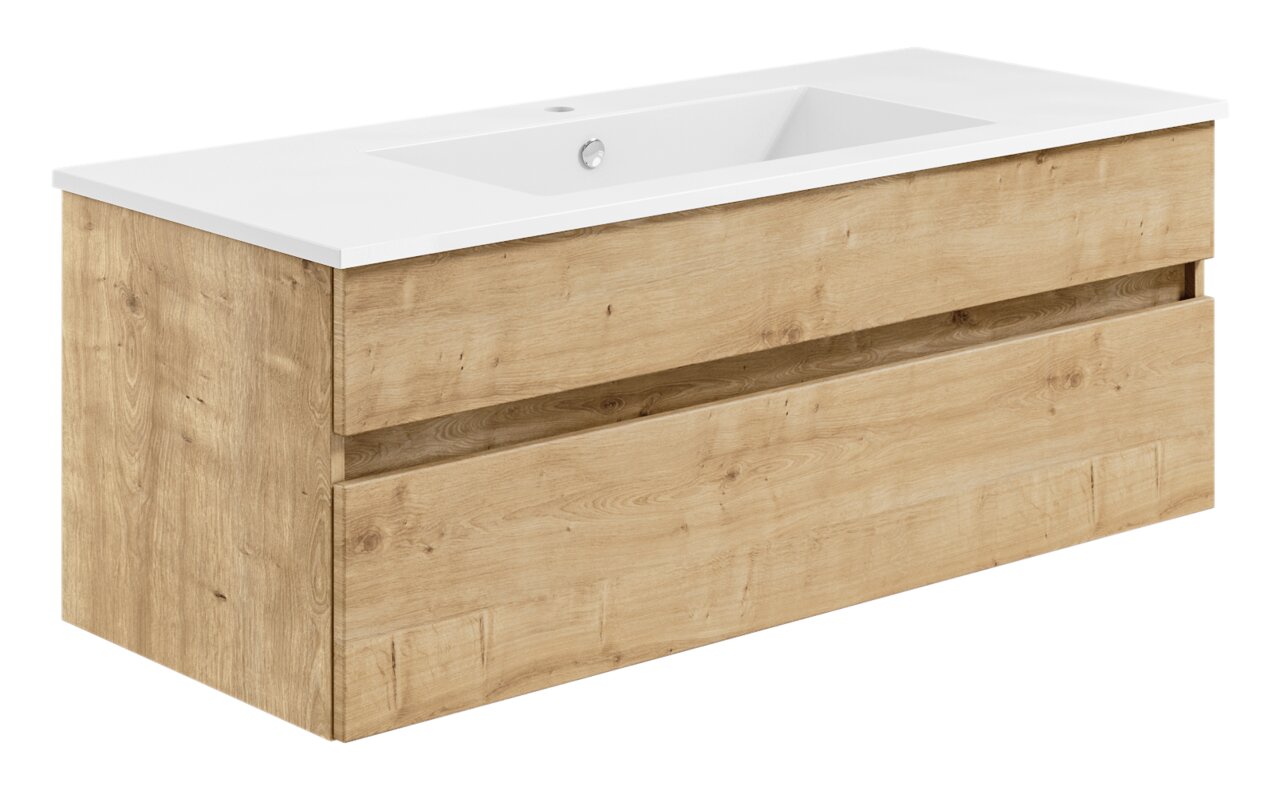 Wastafel met houtlook en twee lades, zijaanzicht