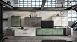 Moderne Wohnzimmermöbel in einem industriellen Loft mit Kommoden, Sideboards und TV-Lowboard in verschiedenen Farben, seitliche Perspektive.