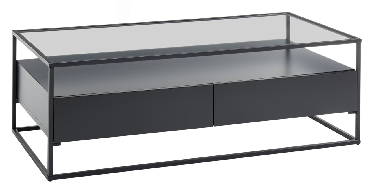 Zurbrüggen Couchtisch EVORA Moderner Couchtisch mit Glasplatte und schwarzem Metallrahmen, seitliche Perspektive
