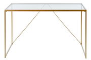 Moderner Schreibtisch mit Glasplatte und goldfarbenem Metallrahmen, frontal betrachtet.