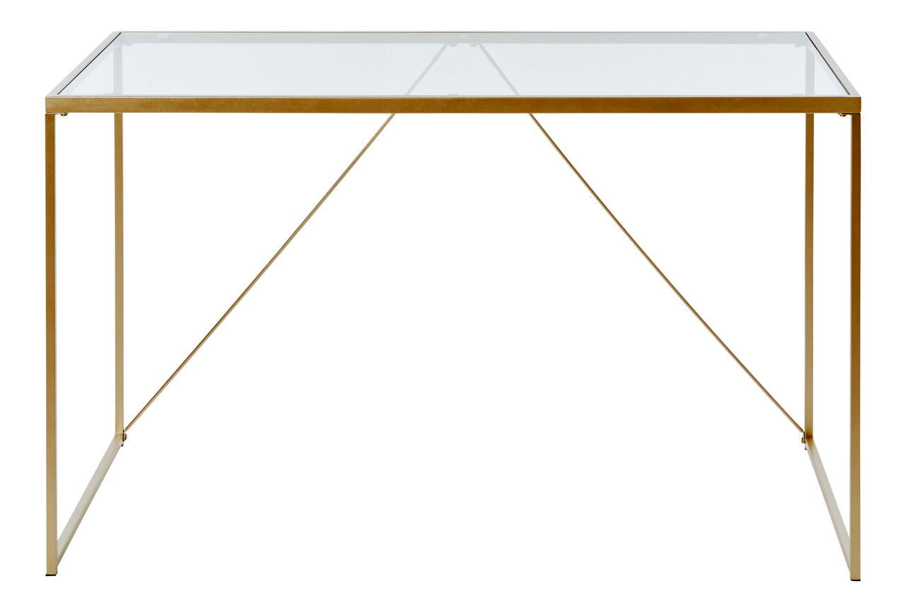 Moderner Schreibtisch mit Glasplatte und goldfarbenem Metallrahmen, frontal betrachtet.