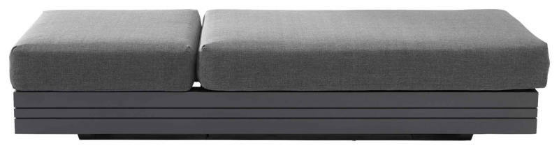 Graues 3-Sitzer Loungeelement von vorne betrachtet, mit modernem Design und klaren Linien.