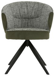 Moderner Armlehnstuhl in Frontansicht mit grünem Stoffbezug und schwarzem Metallgestell