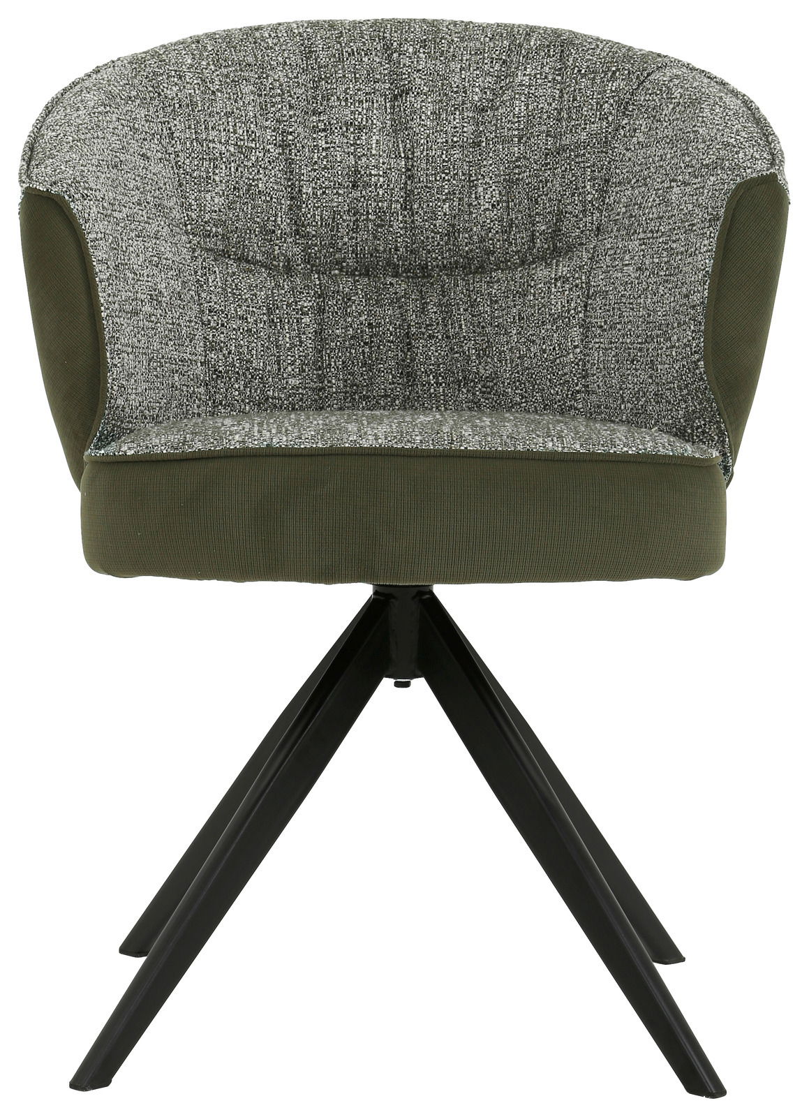 Moderner Armlehnstuhl in Frontansicht mit grünem Stoffbezug und schwarzem Metallgestell