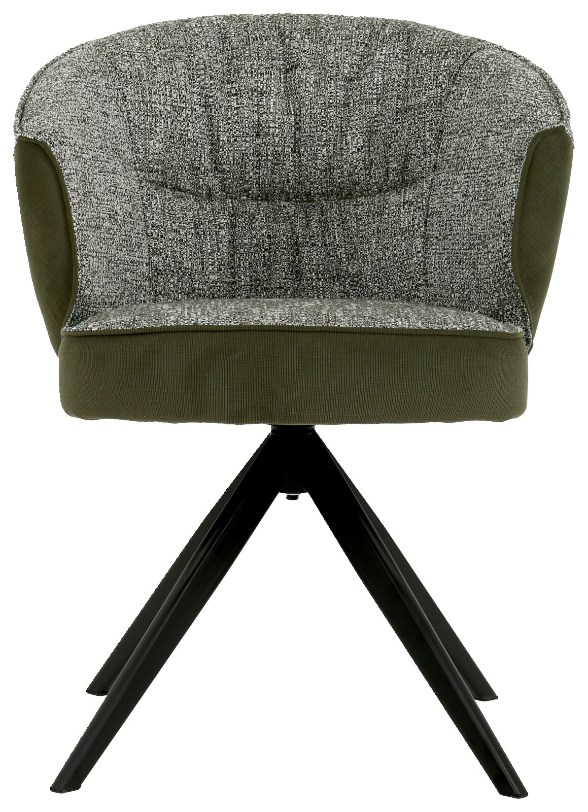Moderne fauteuil in vooraanzicht met groene stoffen bekleding en een zwart metalen frame