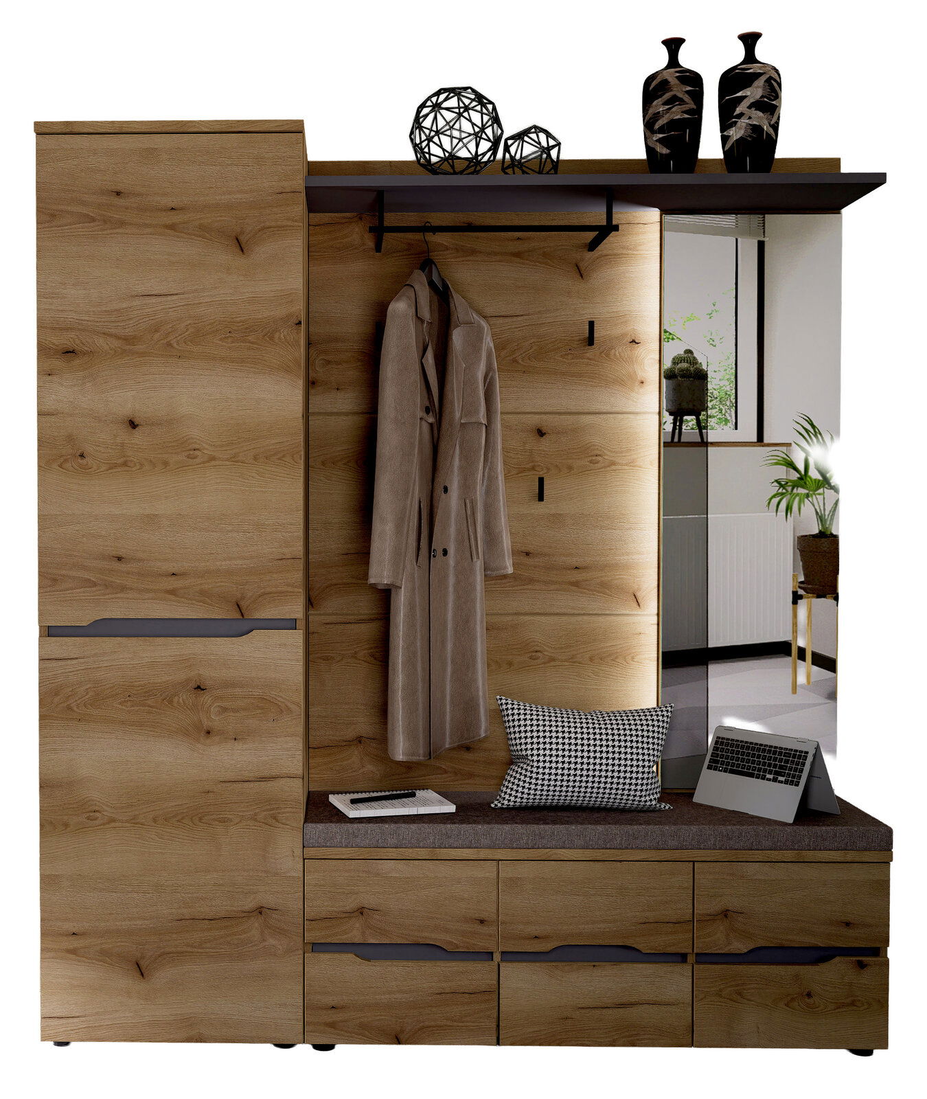 XORA Garderoben-Set 3-tlg. FARGO Garderoben-Set 3-tlg. in Holzoptik mit Kleiderhaken, Sitzbank und Stauraum, seitliche Perspektive