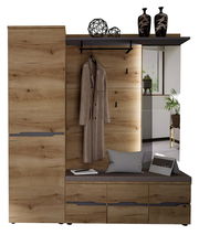 Garderoben-Set 3-tlg. in Holzoptik mit Kleiderhaken, Sitzbank und Stauraum, seitliche Perspektive