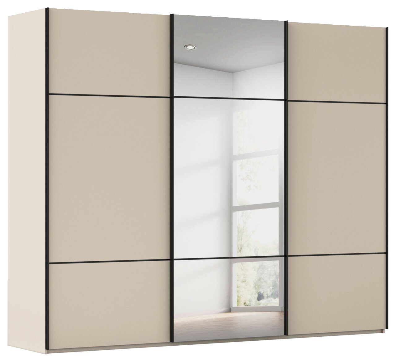 Moderner Schwebetürenschrank in Beige mit Spiegel in der Mitte, seitliche Perspektive.