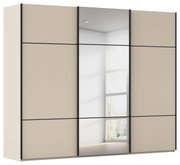 Moderner Schwebetürenschrank in Beige mit Spiegel in der Mitte, seitliche Perspektive.