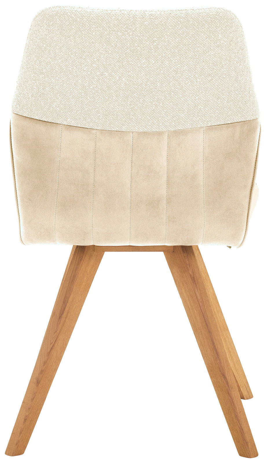 Rückansicht eines modernen Stuhls mit hellem Stoffbezug und Holzbeinen