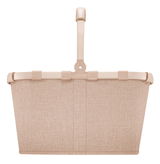 Frontale Ansicht eines beigen Einkaufskorbs mit stabilem Griff und textiler Oberfläche.