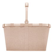 Frontale Ansicht eines beigen Einkaufskorbs mit stabilem Griff und textiler Oberfläche.