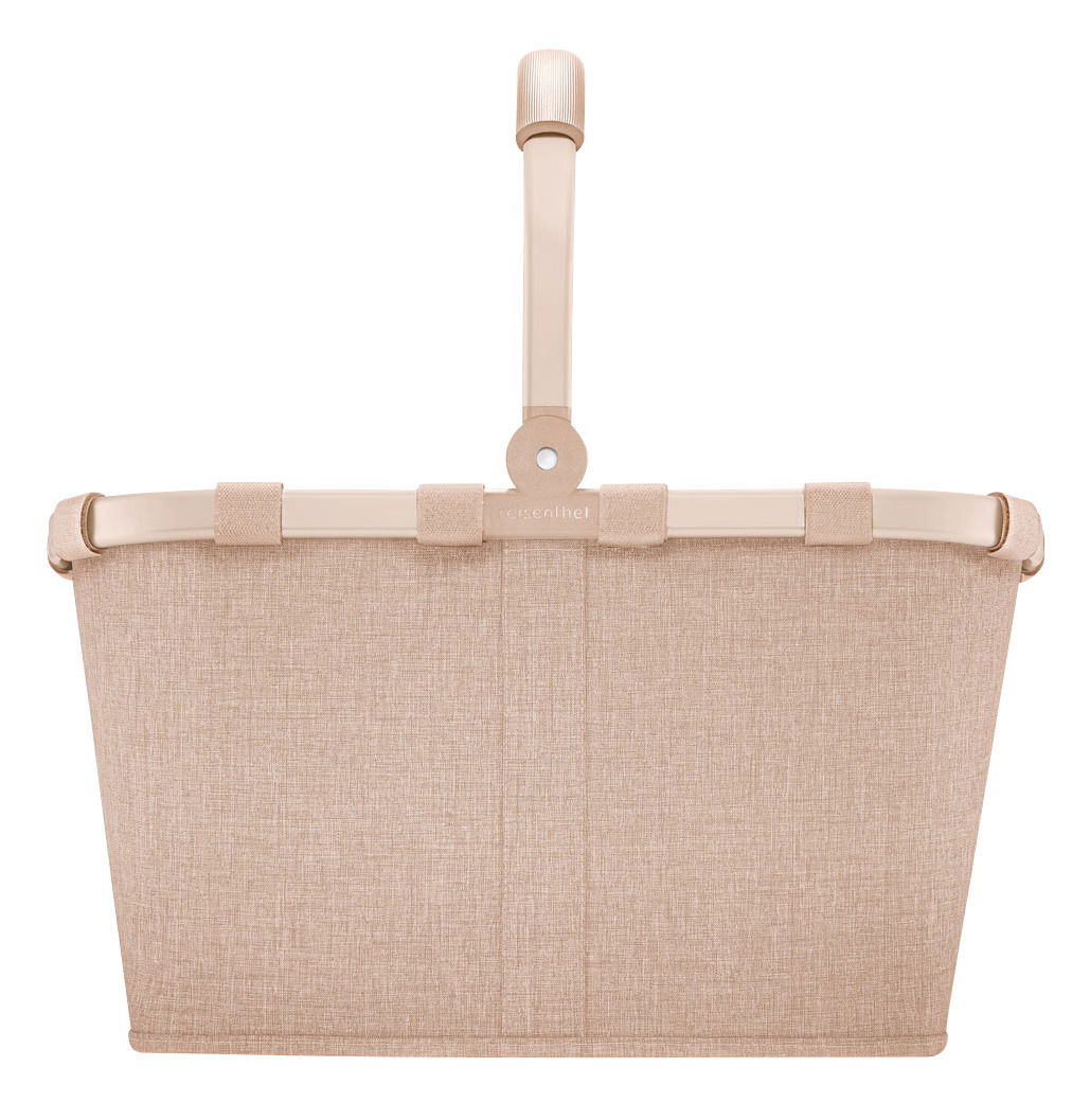Frontale Ansicht eines beigen Einkaufskorbs mit stabilem Griff und textiler Oberfläche.