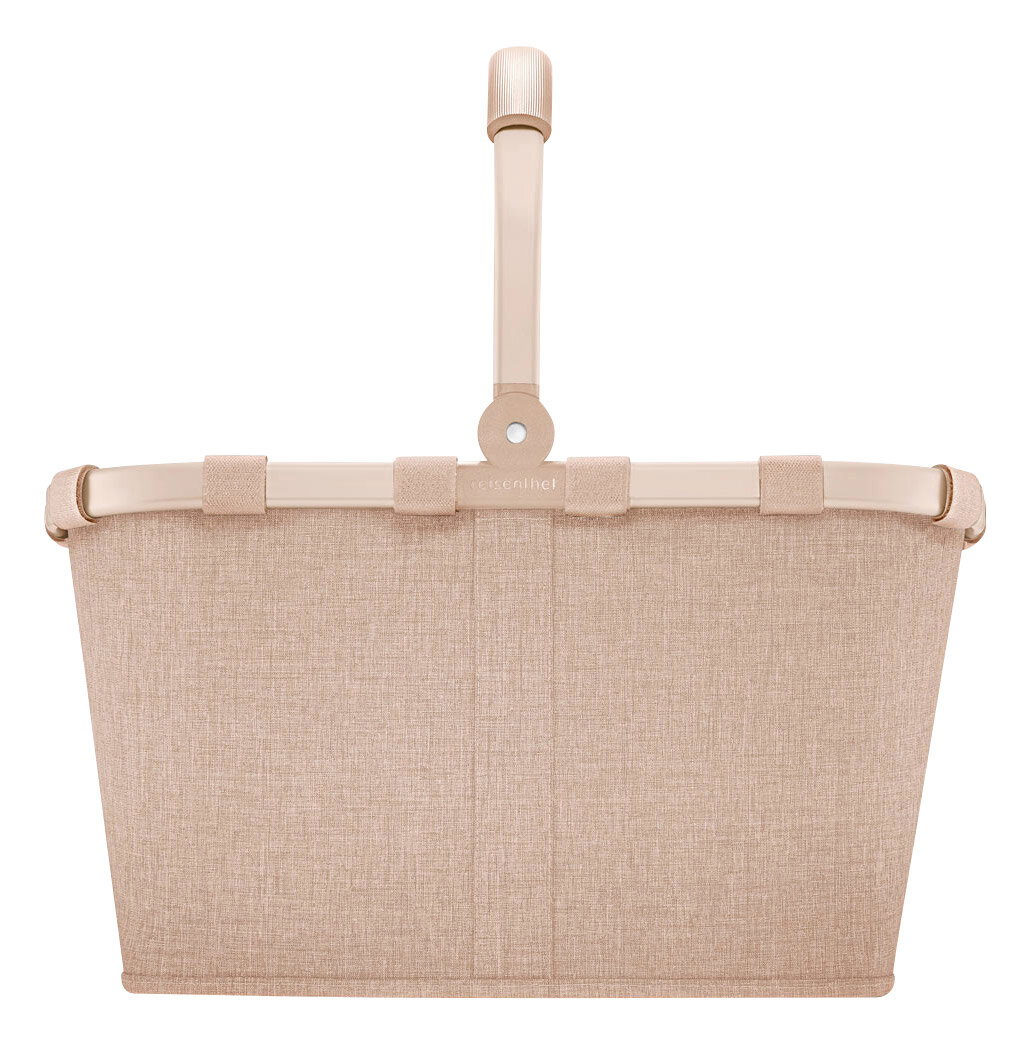 Frontale Ansicht eines beigen Einkaufskorbs mit stabilem Griff und textiler Oberfläche.