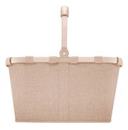 Frontale Ansicht eines beigen Einkaufskorbs mit stabilem Griff und textiler Oberfläche.
