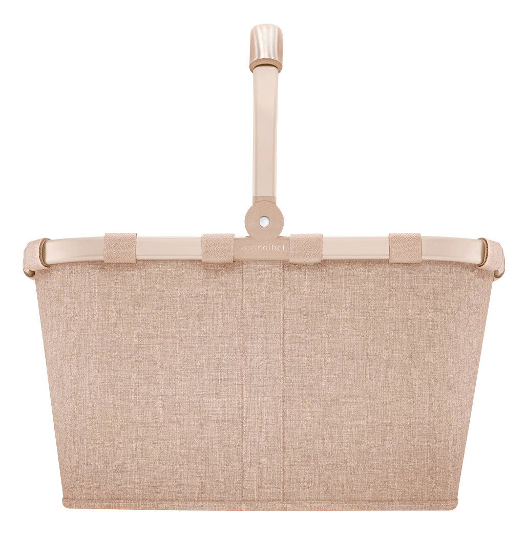 Frontale Ansicht eines beigen Einkaufskorbs mit stabilem Griff und textiler Oberfläche.