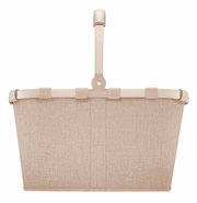 Frontale Ansicht eines beigen Einkaufskorbs mit stabilem Griff und textiler Oberfläche.