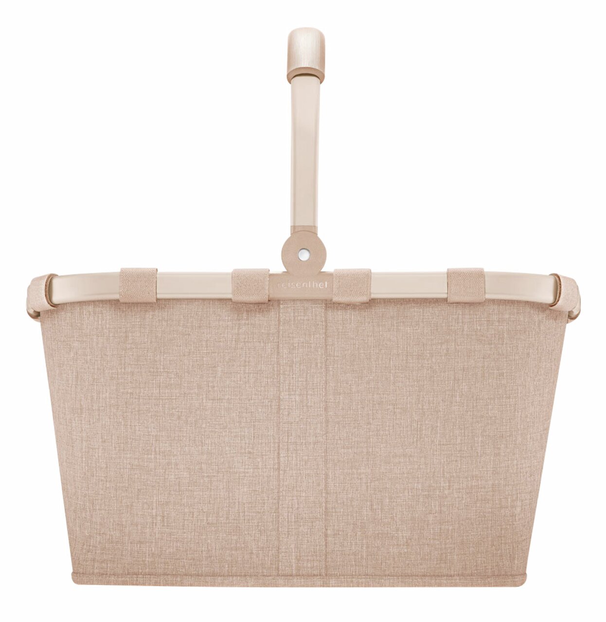 Frontale Ansicht eines beigen Einkaufskorbs mit stabilem Griff und textiler Oberfläche.
