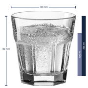 Whiskybecher ROCK aus klarem Glas, gefüllt mit sprudelndem Wasser, in Frontalansicht. Maße: 85 mm Durchmesser, 90 mm Höhe, Fassungsvermögen 265 ml.