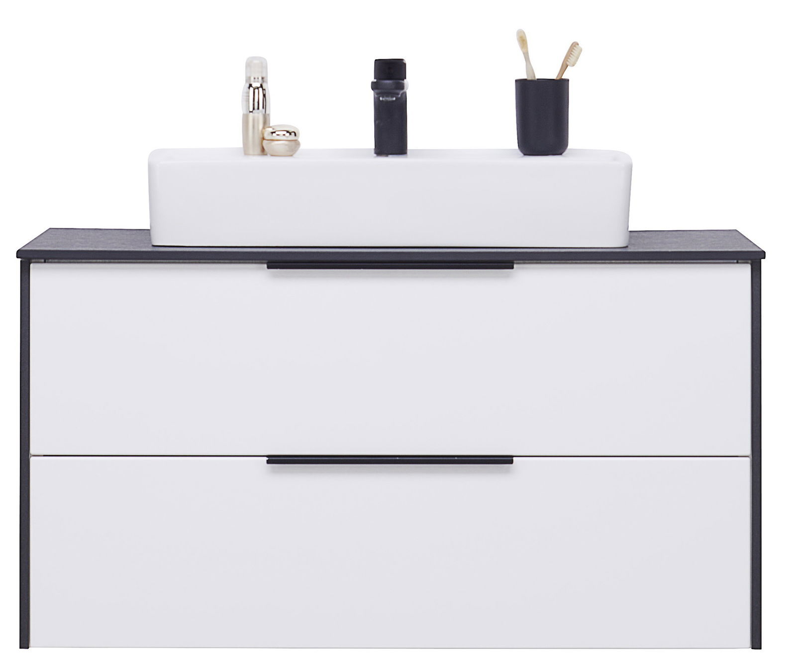 Voleo Waschtisch-Set STELLA Frontale Ansicht eines modernen Waschtisch-Sets mit weißem Waschbecken, zwei Schubladen und schwarzen Akzenten.